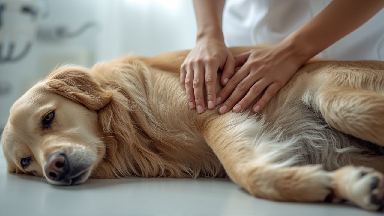  Caring owner gently examining the hip and hind leg of a large Golden Retriever lying on its side on a veterinary table