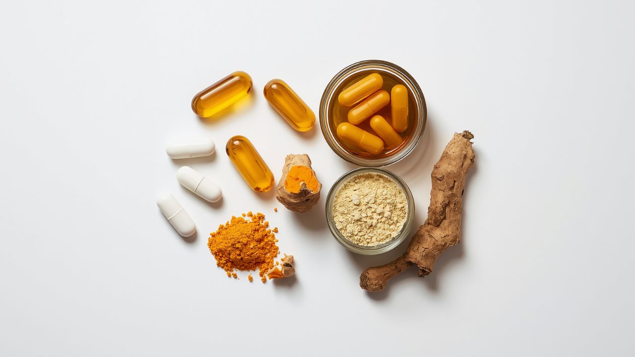   Flat-lay arrangement of dog joint supplement ingredients including glucosamine capsules, fish oil softgels, turmeric root and green-lipped mussels on a white background