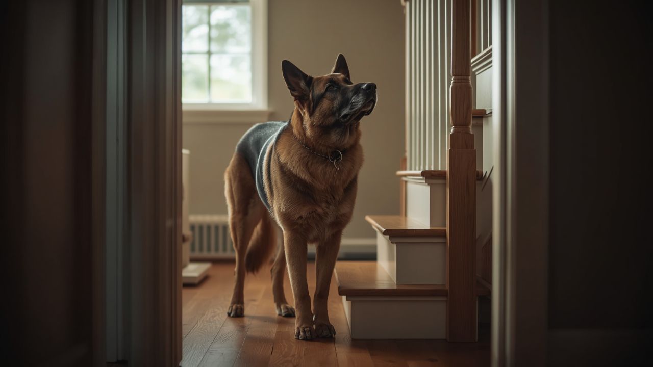 Senior German Shepherd hesitating at the bottom of indoor stairs, showing early signs of joint stiffness