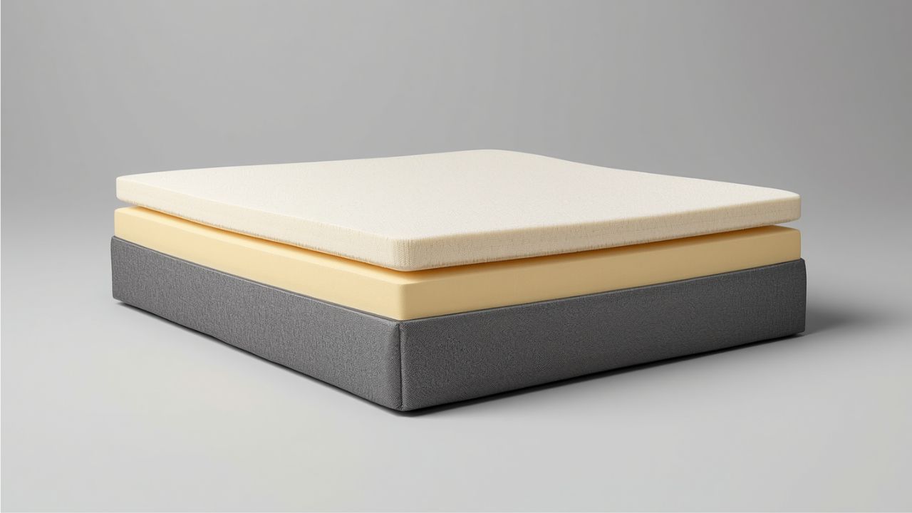   Cross-section of a thick orthopedic dog bed showing three distinct foam layers, dense base, support layer, and soft comfort top