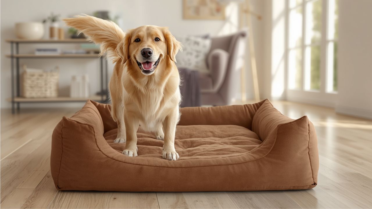   Happy senior Golden Retriever standing energetically next to a large orthopedic dog bed in a bright sunny living room