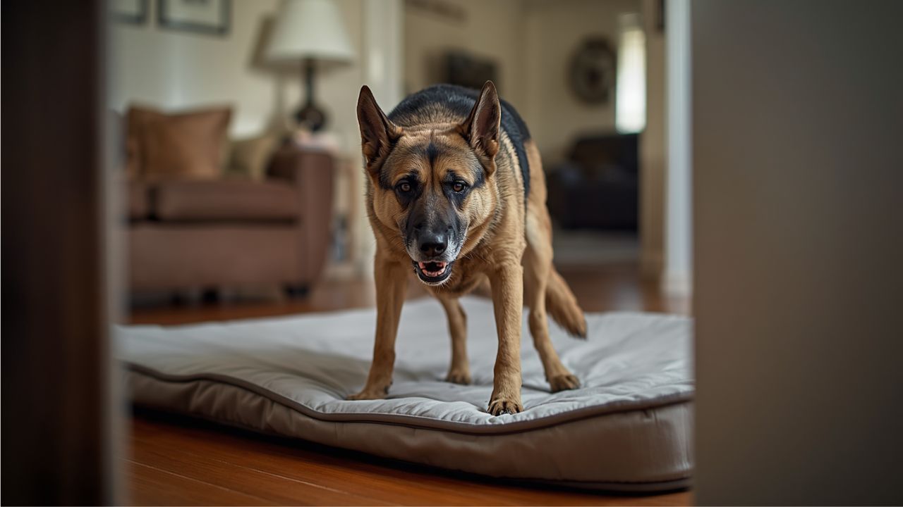   Senior German Shepherd straining to rise from a thin, compressed dog bed on a hardwood floor