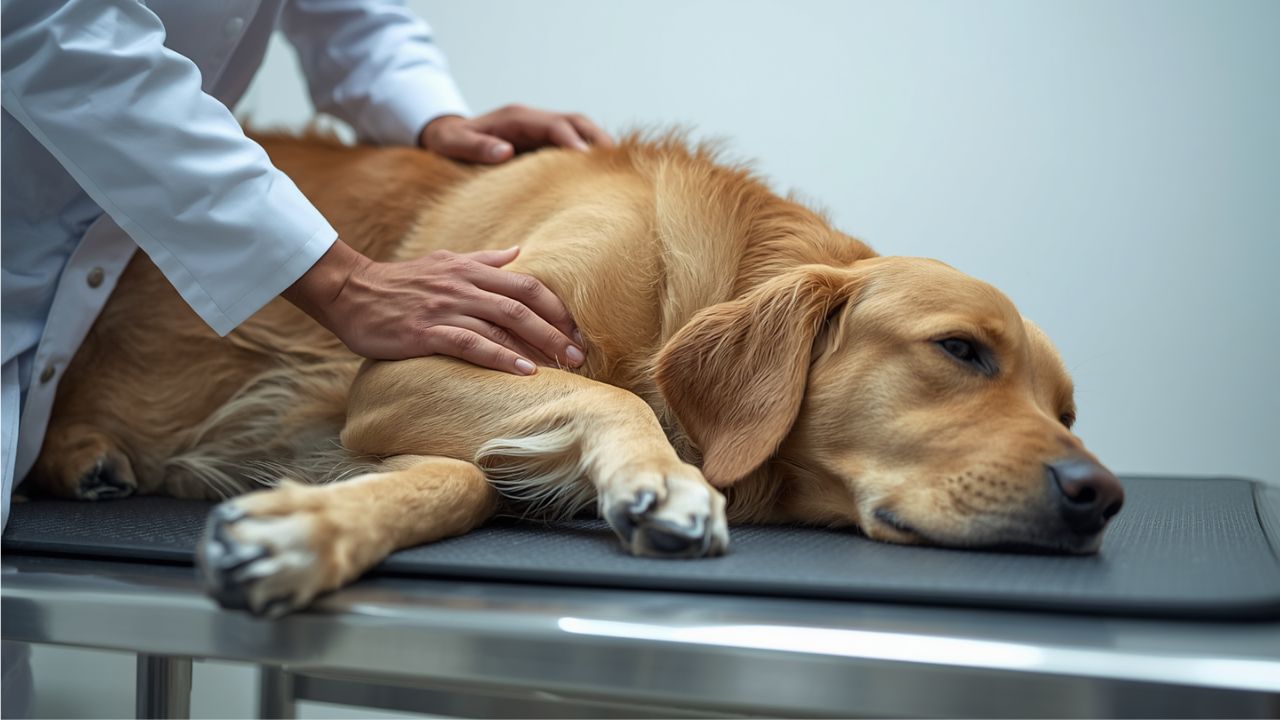   Veterinarian gently examining the elbow and hip area of a large senior Golden Retriever on a veterinary examination table