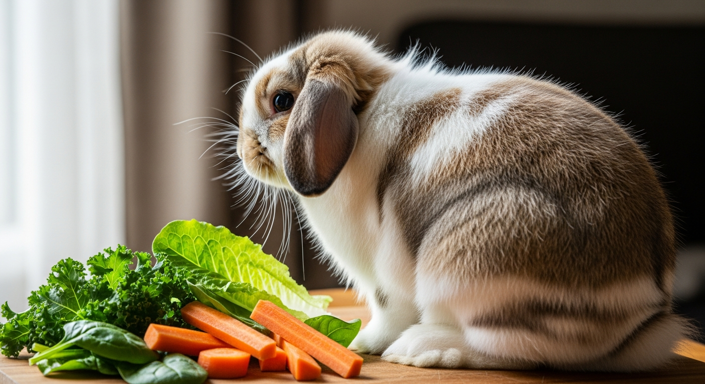 Rabbit turning head away from fresh vegetables