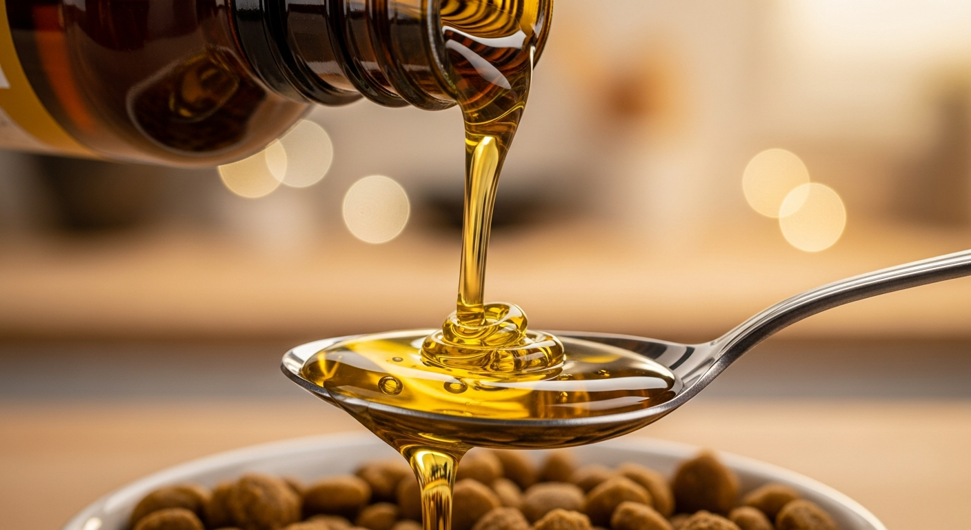 Pouring fish oil onto a spoon for dog food topping