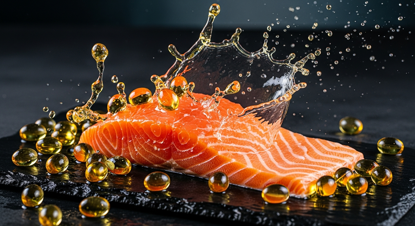 Fresh wild salmon and omega-3 oil droplets