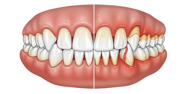 Infographic showing healthy dog gums vs inflamed gums with tartar