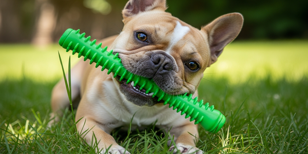 Dog gnawing on a green dental treat to remove plaque
