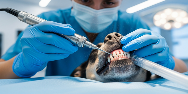 Veterinarian using an ultrasonic scaler on a sedated dog