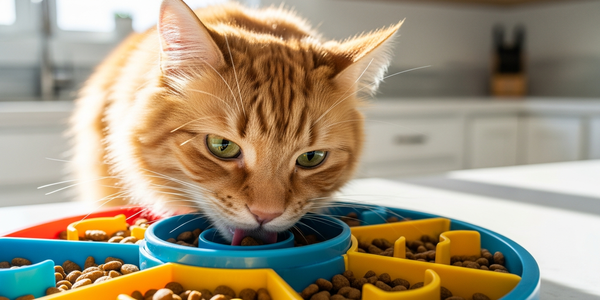 Cat eating dry food from a slow feeder maze bowl