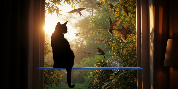 Cat sitting on a high window perch watching birds outside