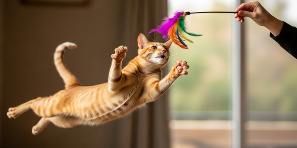 Owner playing with cat using a feather wand toy