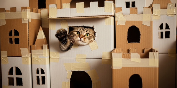 Cat exploring a homemade cardboard box fort with cutouts