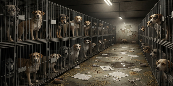 Sad dogs in overcrowded and dirty cages indicating a bad rescue