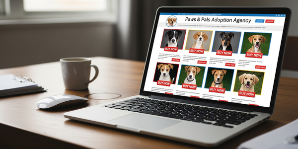 Laptop screen showing a generic pet adoption website with stock photos