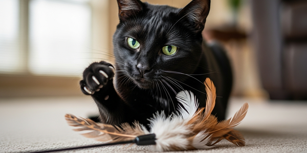 older cat playing with a feather wand toy