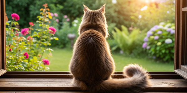 content senior cat watching birds from a window