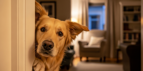 Owner hiding behind a door while dog looks for them