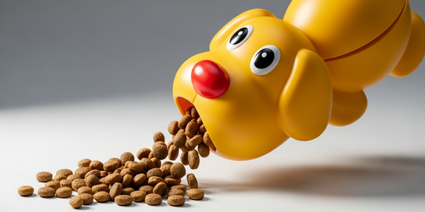 Close up of a wobble toy dispensing kibble
