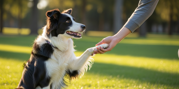 Border Collie performing a handshake trick with owner