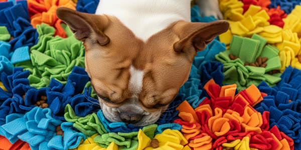 Top down view of a dog sniffing a colorful snuffle mat