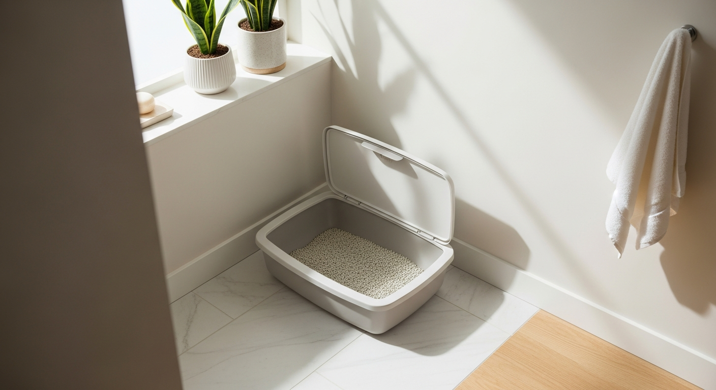A clean, open litter box placed in a quiet, well-lit corner