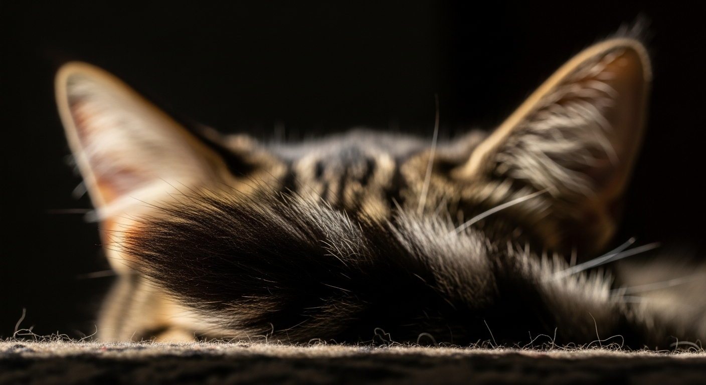 Close up detail of a cat's tail twitching and ears pinned back