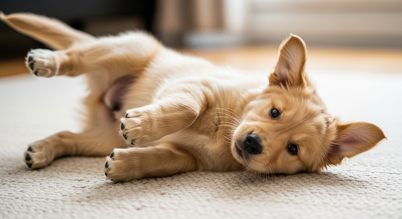 Golden retriever puppy spinning to catch its tail