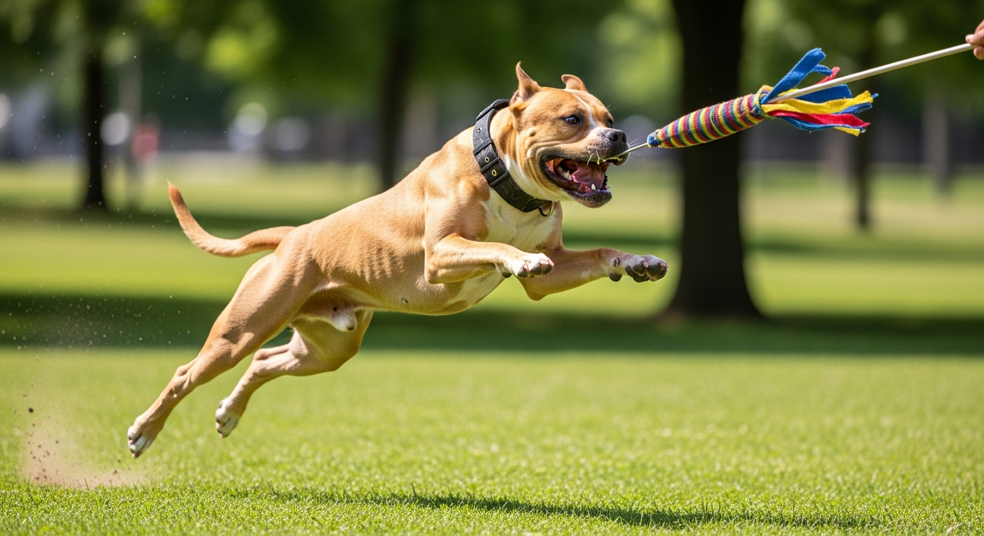 High-energy dog playing with a flirt pole in the grass