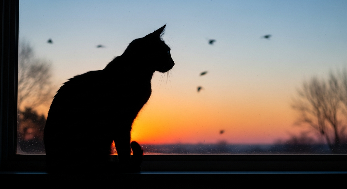 Cat watching birds at dawn illustrating why do cat meow so much at night due to hunting instincts