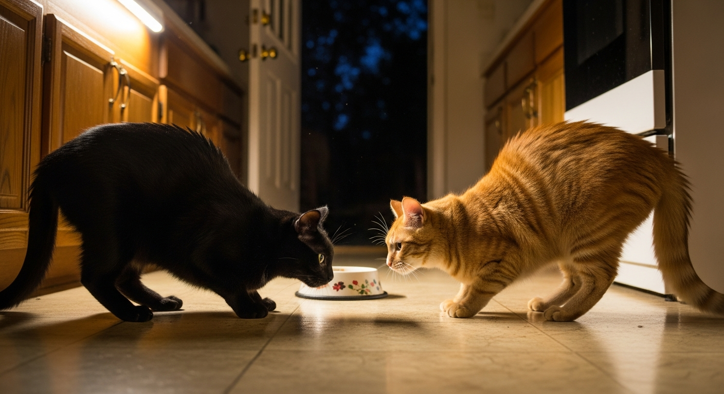 Two cats fighting in kitchen explaining why do cat meow so much at night in multi-cat homes