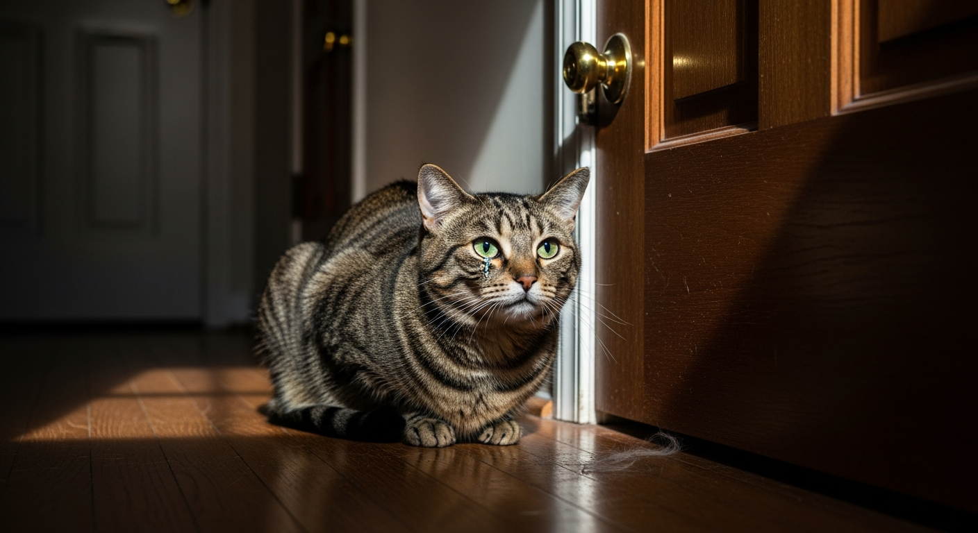 Anxious cat at bedroom door showing why do cat meow so much at night due to separation anxiety