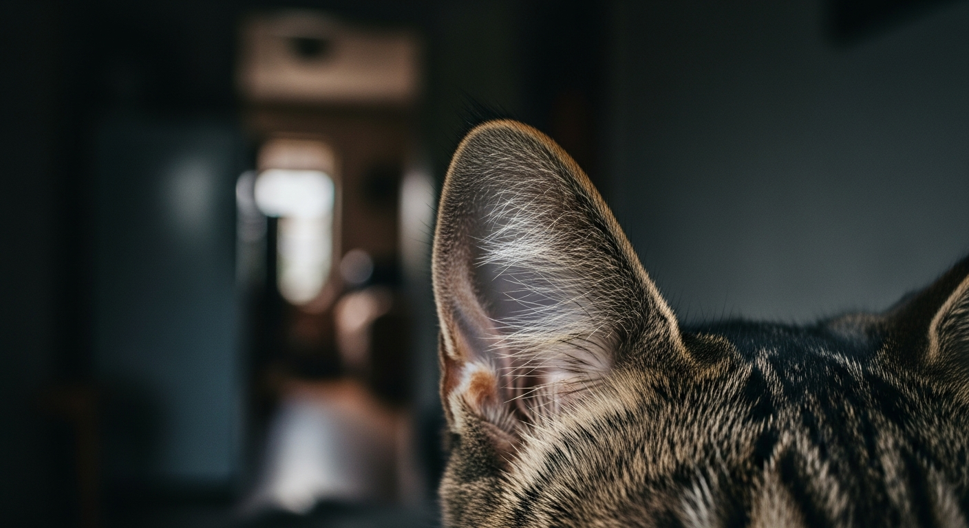 Cat listening to pests in wall illustrating why do cat meow so much at night due to environment