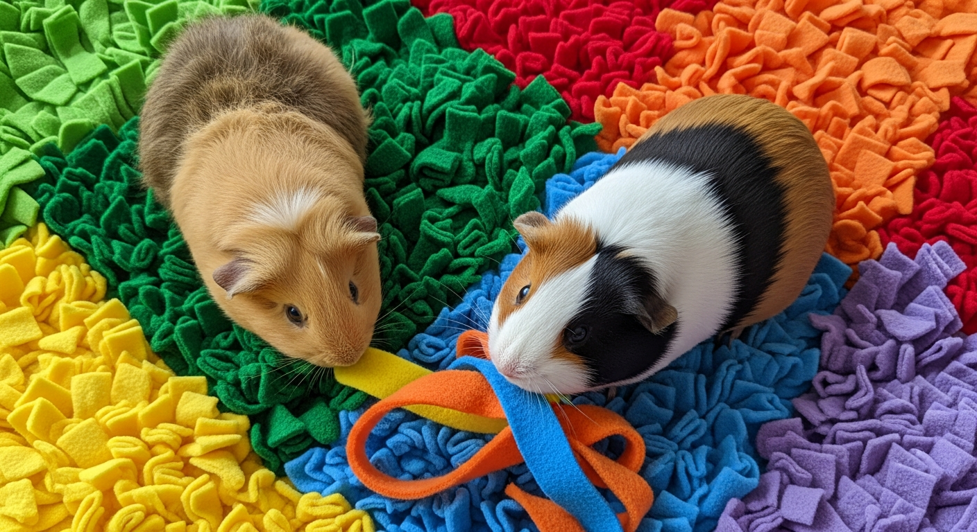 Two guinea pigs foraging on a snuffle mat as one of the ways to socialize a guinea pig