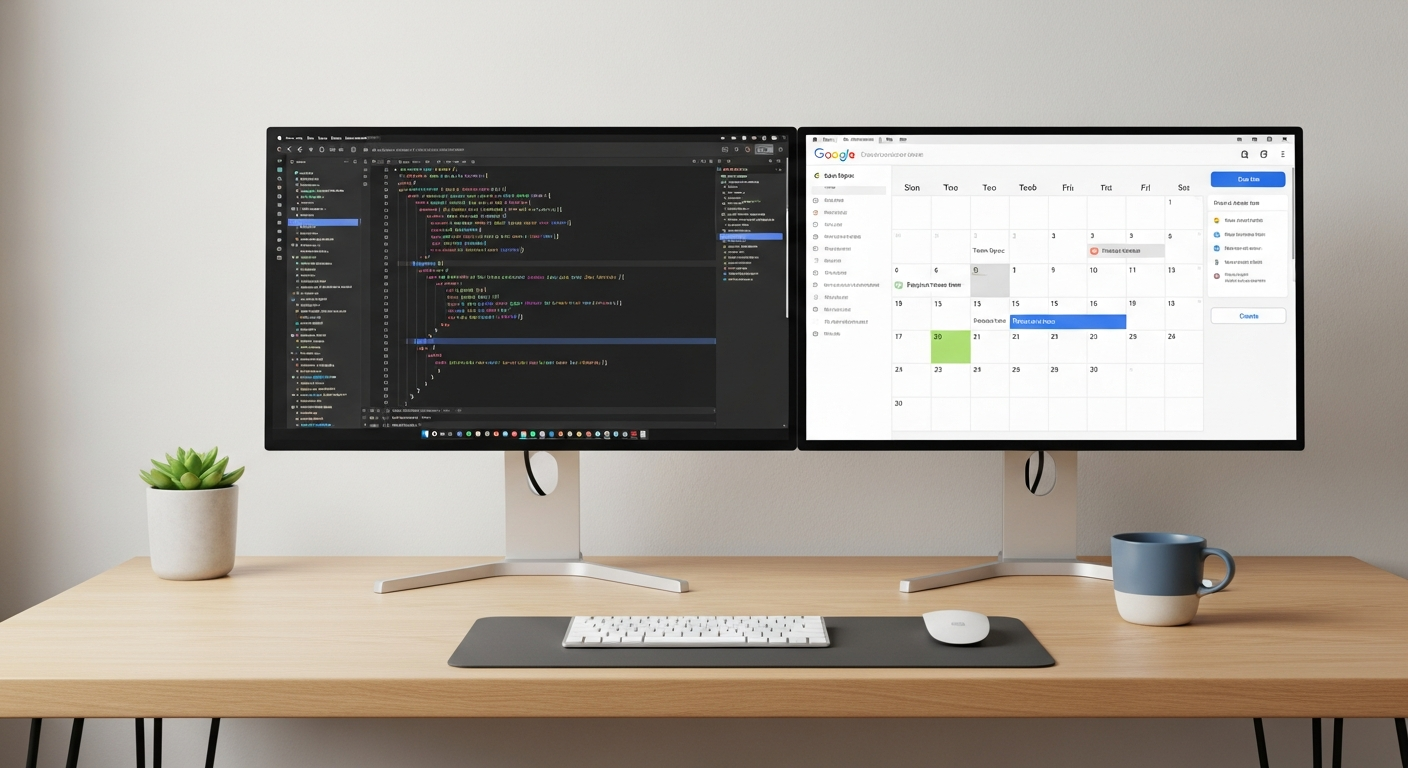 Bureau moderne avec double écran affichant un script Google Calendar qui refuse automatiquement les réunions inutiles