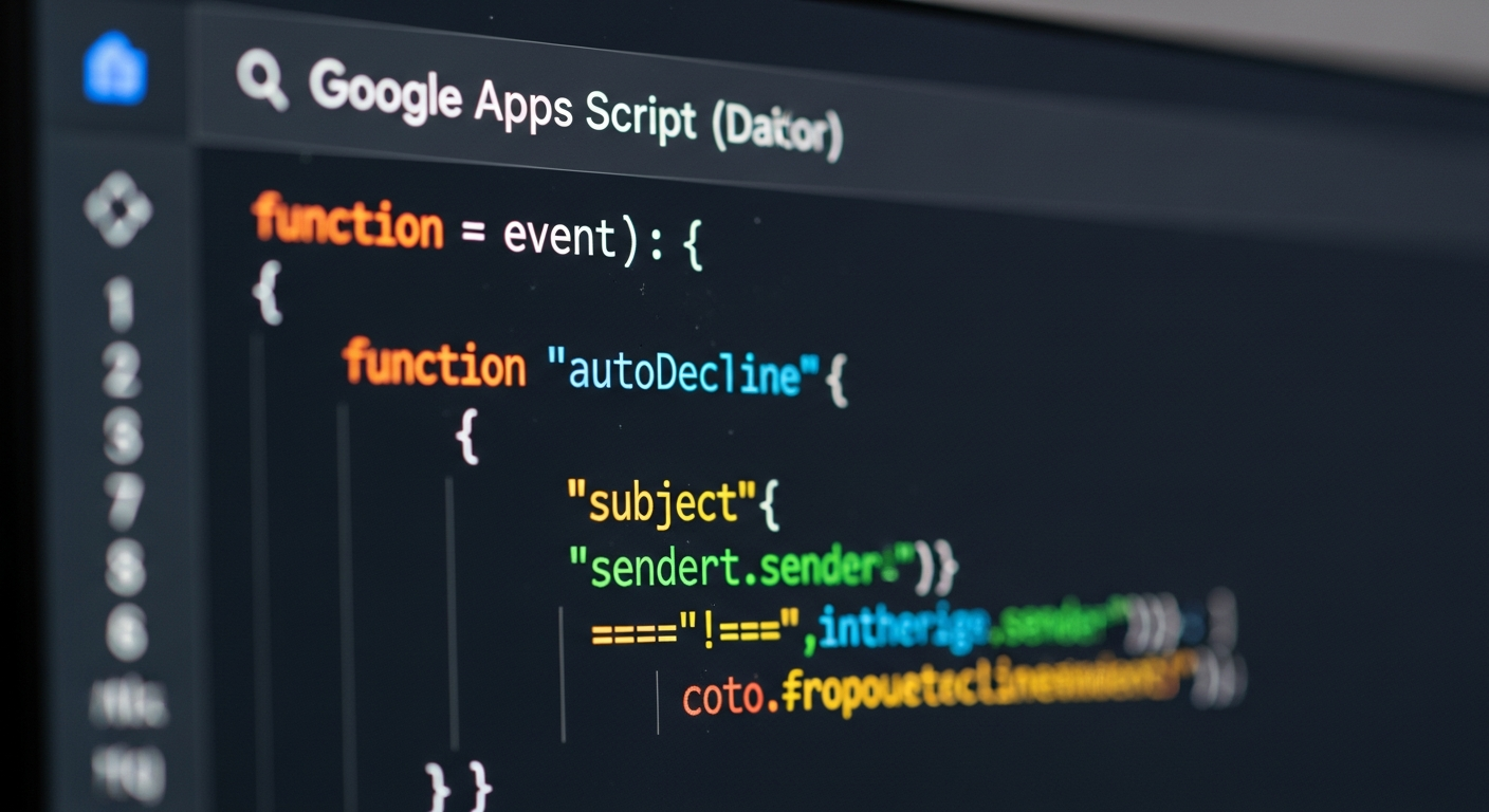 Interface de code montrant le script Google Calendar qui refuse automatiquement les réunions inutiles