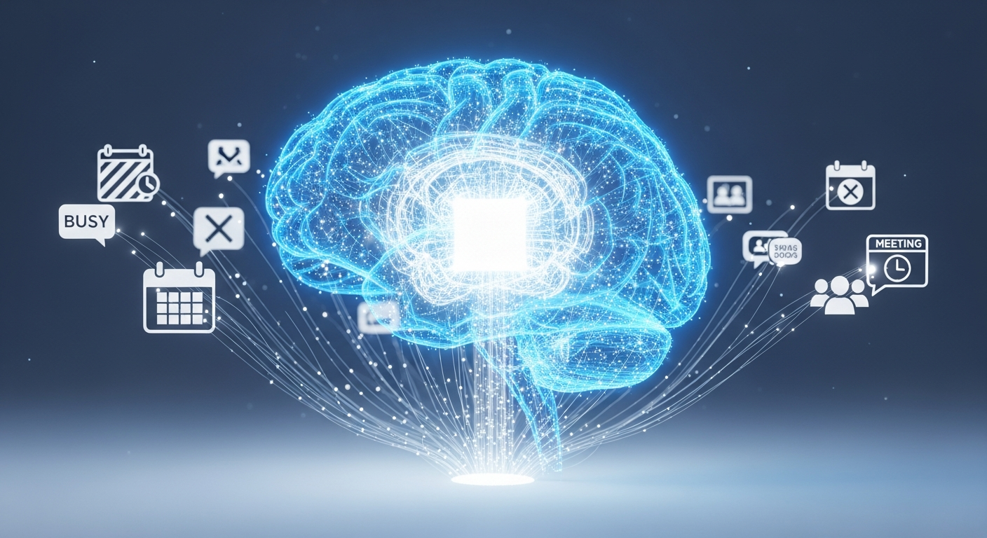 Représentation visuelle de l'IA analysant un script Google Calendar qui refuse automatiquement les réunions inutiles