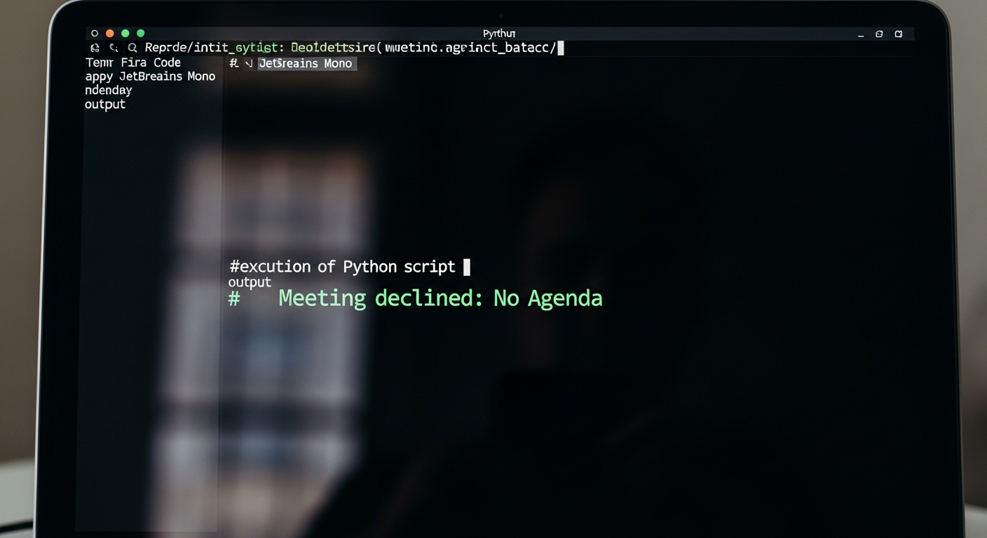 Terminal affichant les logs du script Google Calendar qui refuse automatiquement les réunions inutiles
