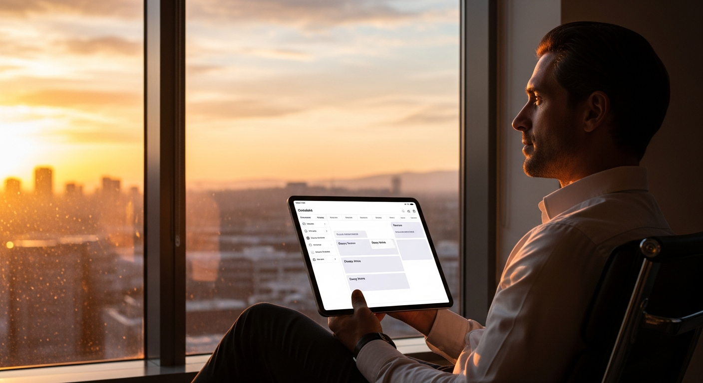 Professionnel détendu profitant du temps gagné grâce au script Google Calendar qui refuse automatiquement les réunions inutiles