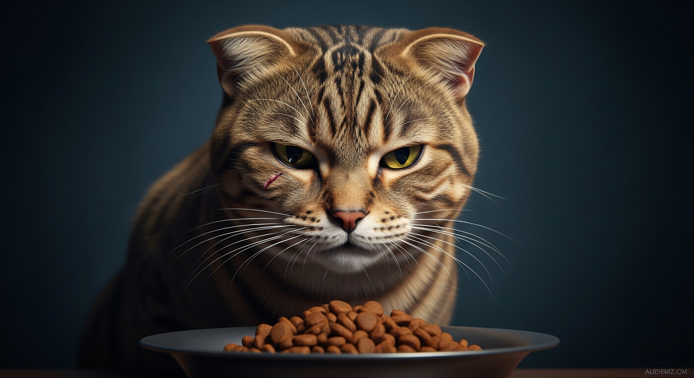 A stubborn tabby refusing to transition your cat to a new diet.