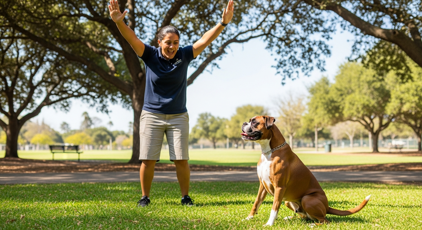 A trainer demonstrating the release cue while Training deaf dogs with hand signals