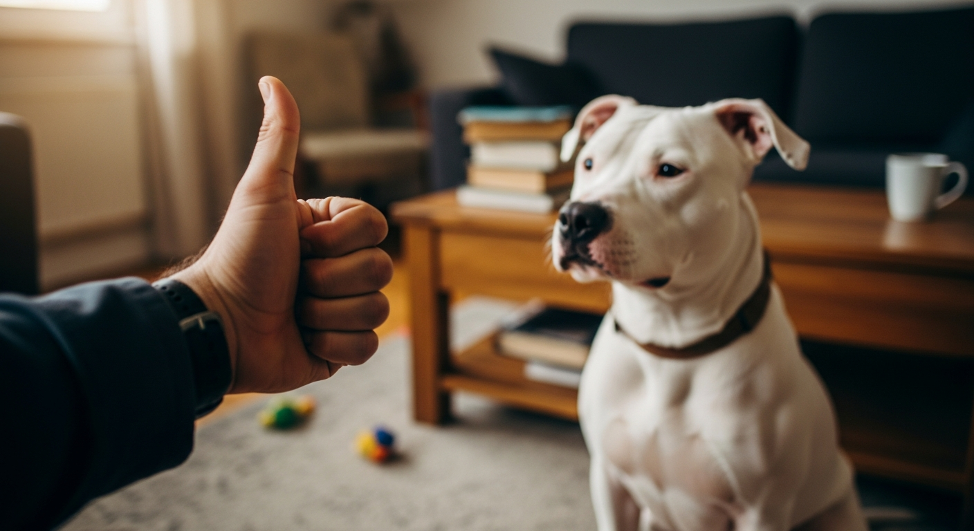 The thumbs-up marker used in Training deaf dogs with hand signals