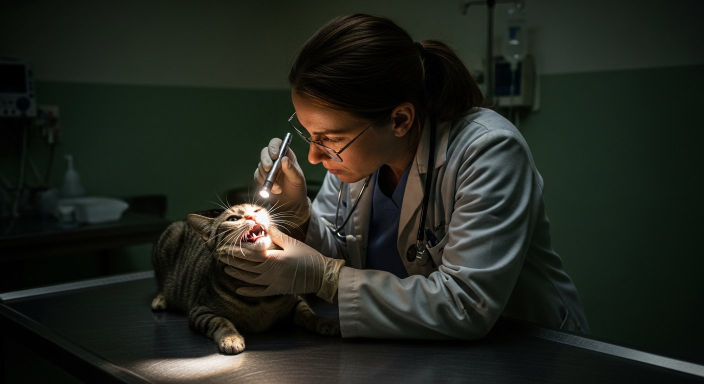 A veterinarian examining a cat's teeth to rule out medical issues before discussing The truth about Whisker Fatigue