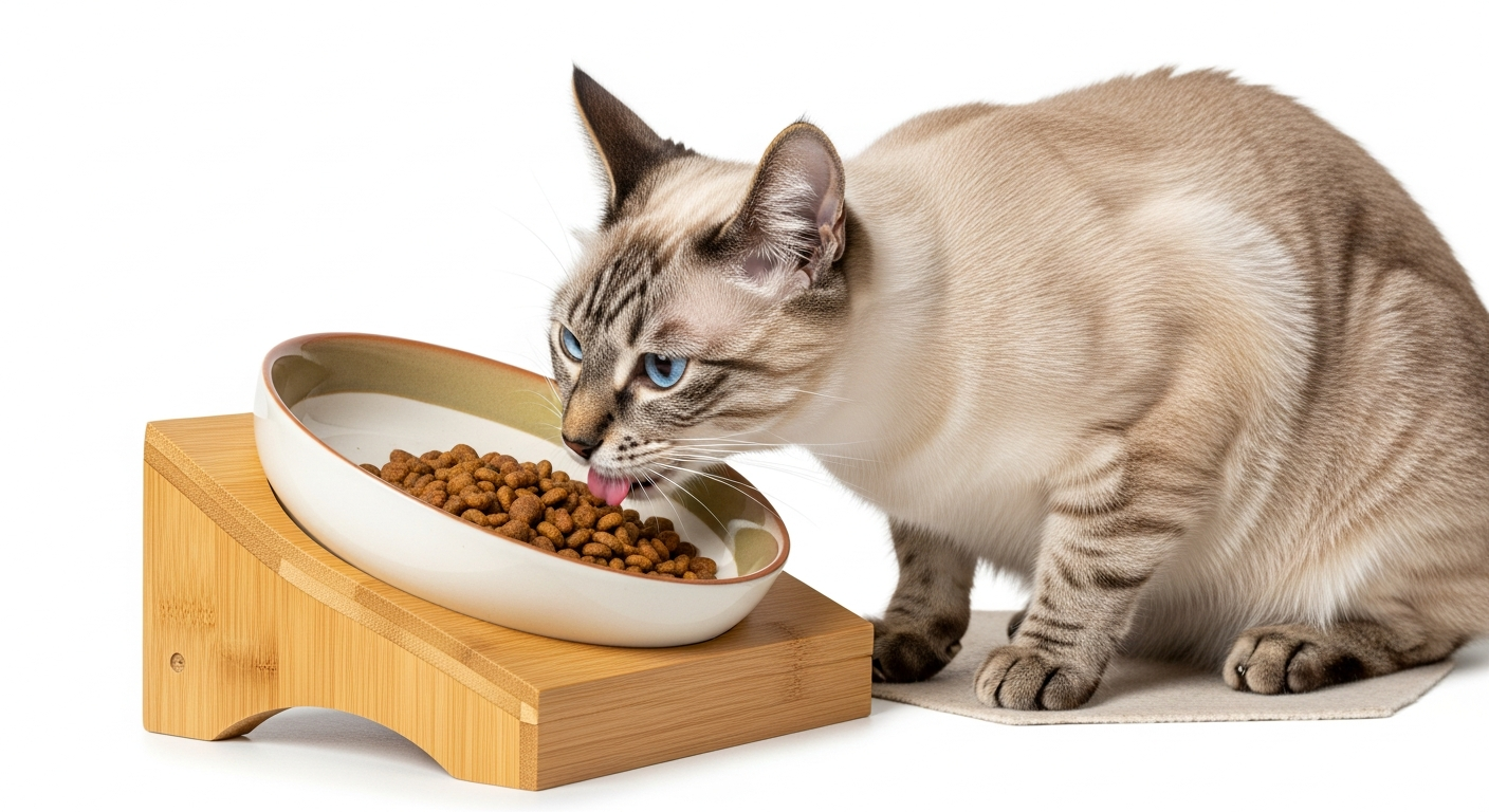 An elevated and tilted ceramic cat bowl showing proper feeding posture related to The truth about Whisker Fatigue