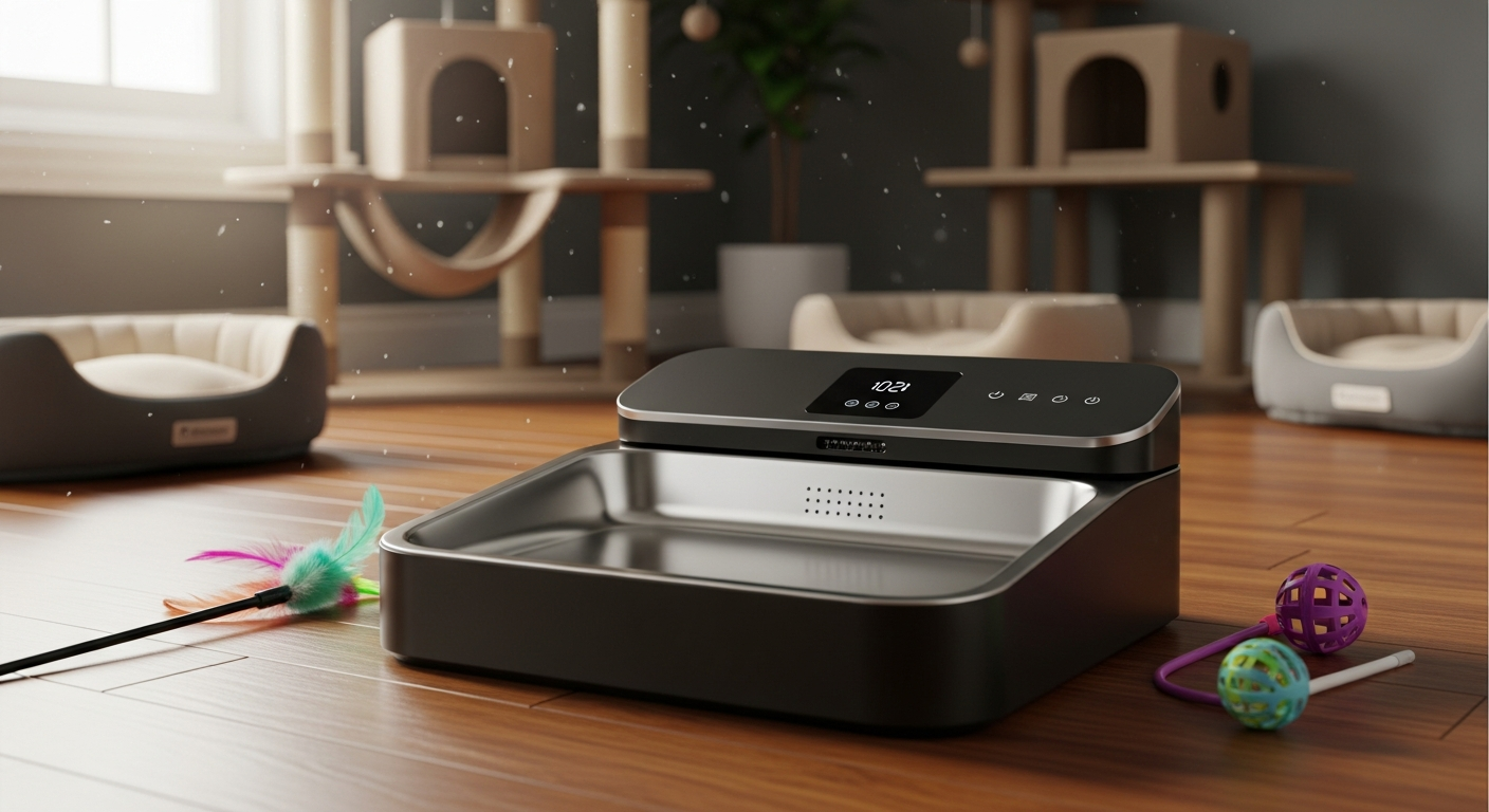 A modern microchip feeder with a wide tray adapting to The truth about Whisker Fatigue in multi-cat homes