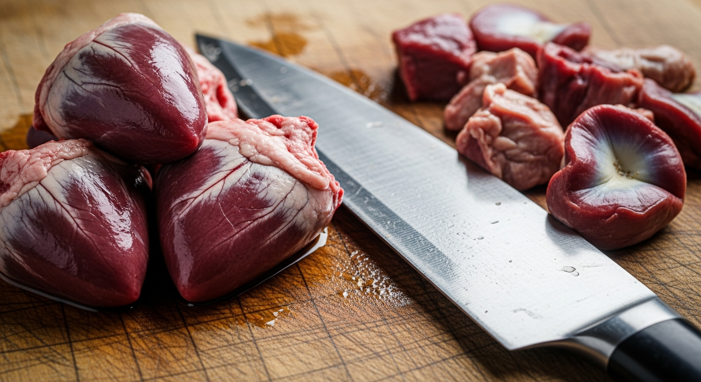 Close-up of raw meat being cut into bite-sized chunks on a wooden cutting board to preserve taurine.