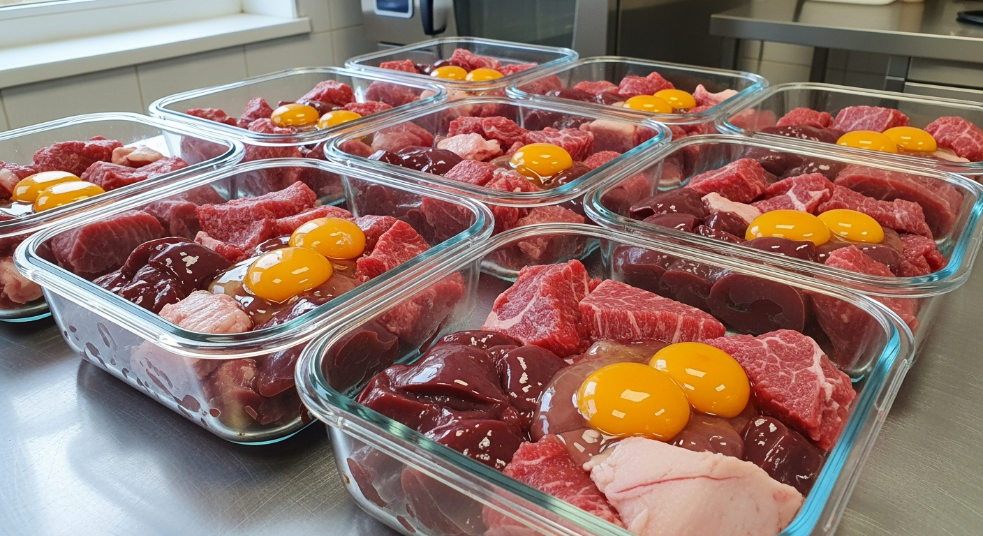 Several glass meal-prep containers filled with portioned raw cat food, ready for the freezer.