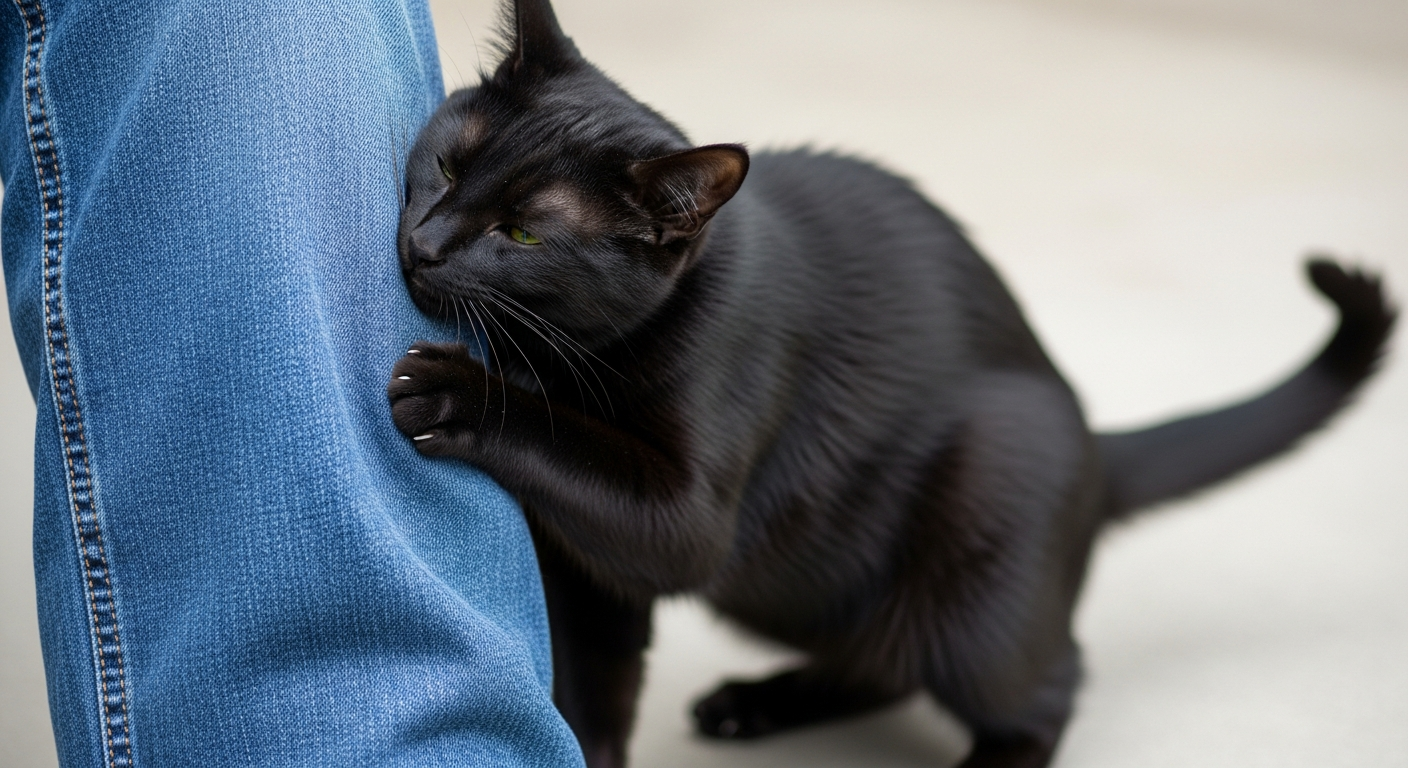 A domestic cat bunting a human leg, showing subtle signs your cat loves you through pheromones.