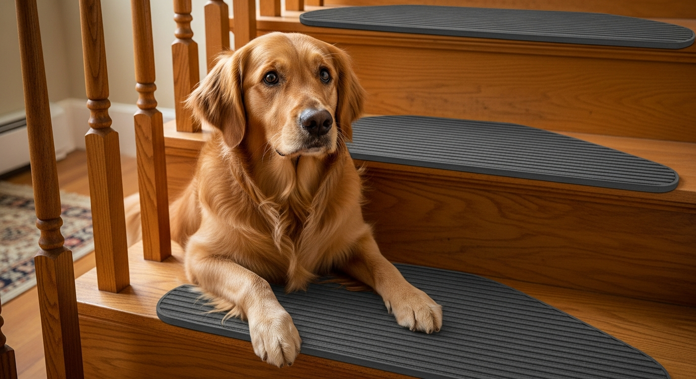 A dog standing at the bottom of a wooden staircase looking reluctant to climb