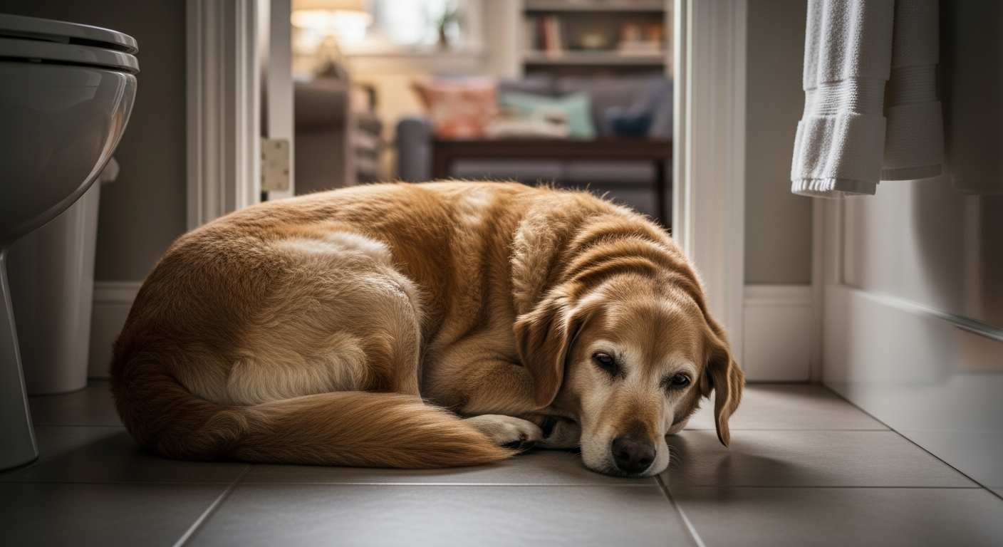 An older dog sleeping alone on a hard tile floor away from family activity